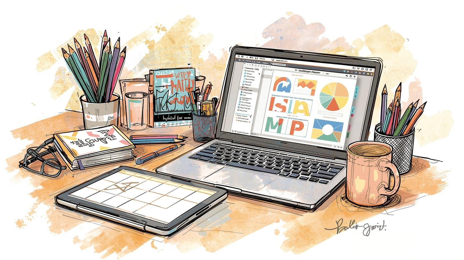 Organized digital workspace with a laptop, tablet, and planner