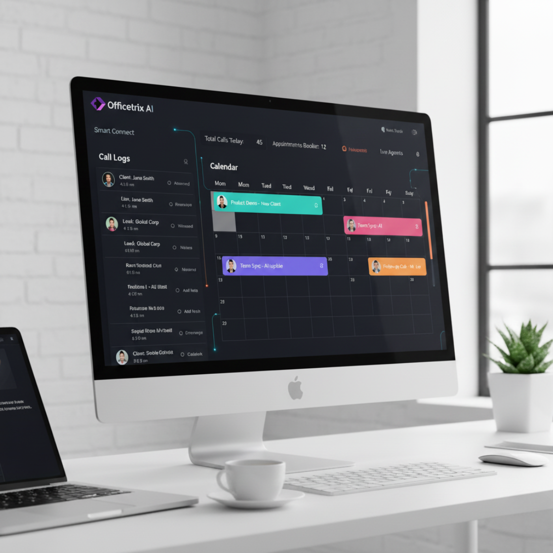 A modern, clean dashboard showing call logs and calendar appointments
